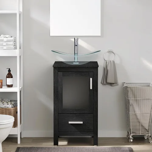 Vista 31 de eclife Armario de tocador de baño moderno de 18 pulgadas con lavabo Redondel negro