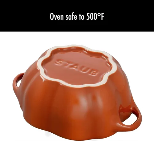 Vista 7 de STAUB Pequeña cerámica de 0.5 cuartos de galón, apta para horno y estufa hasta 572 °F, plato de calabaza, hornear, plato de caramelo, naranja quemado