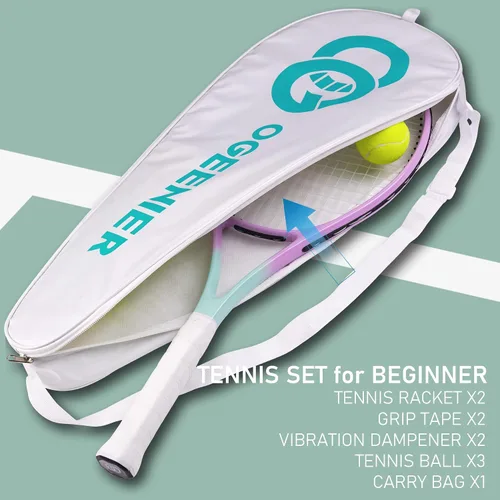 Vista 3 de OGEENIER Juego de 2 raquetas de tenis para adultos, 27 pulgadas preencordadas para principiantes, juego de raquetas de tenis de aluminio ligeras