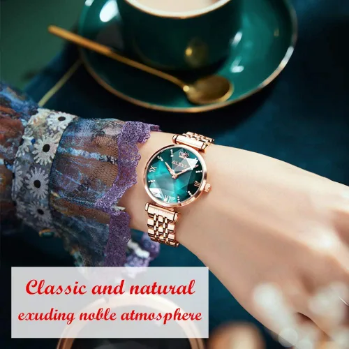 Vista 2 de OLEVS Reloj prismático con diamantes de moda, relojes de lujo para mujer, reloj de cuarzo analógico de acero fino y elegante Verde-Face