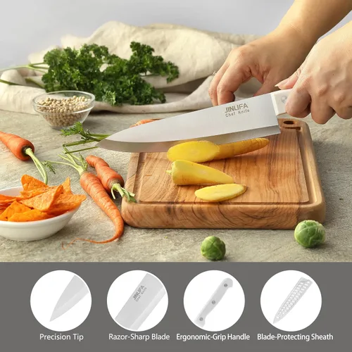 Vista 4 de Cuchillo de chef de 8 pulgadas, cuchillo de cocina de acero inoxidable con funda protectora para cuchillo, cuchillo de rebanar ultra afilado