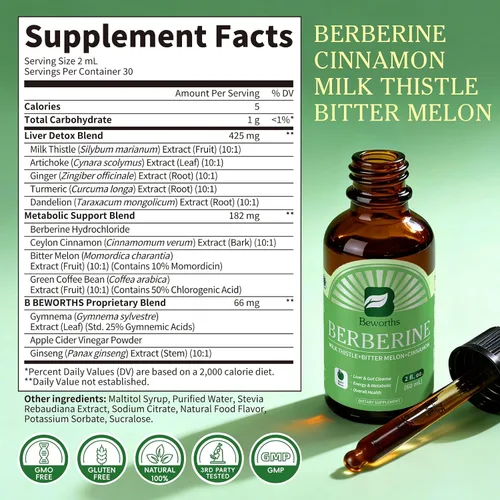 Vista 9 de B BEWORTHS Suplemento HCL de berberina con canela de Ceilán, gotas líquidas de fitosoma de berberina con cúrcuma, canela de Ceilán, melón amargo