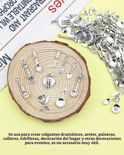 Vista 7 de JIALEEY 100 piezas de cuchillo tenedor, cuchara, sartén, vajilla, abalorios, collares, colgantes para bricolaje para fabricación de joyas