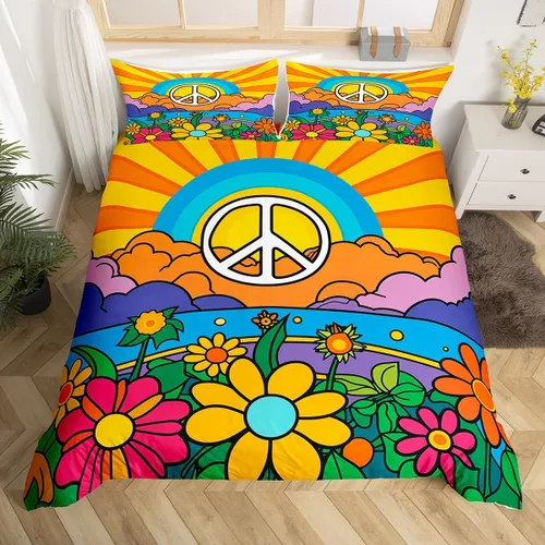 Vista 19 de Groovy Flowers - Funda de edredón de flores hippy girl, juego de ropa de cama con diseño de flores de arco iris, espiral, rayas, floral, juego