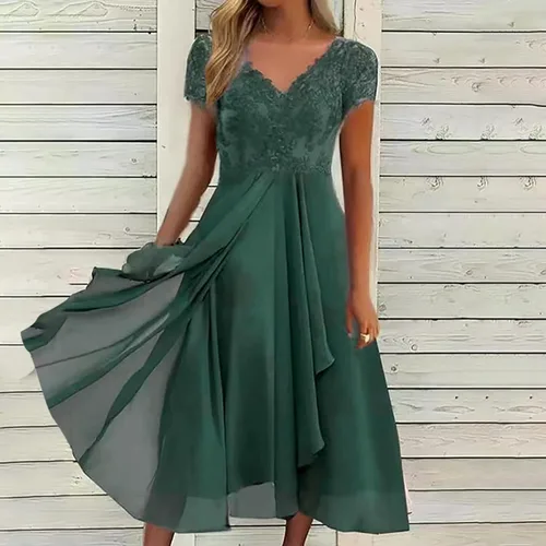 Vista 2 de Vestido de verano para mujer, elegante, acampanado, de gasa, largo por debajo de la rodilla, vestido de dama de honor, media manga, ajustado