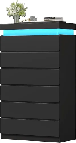 Vista 7 de HAUOMS Cómoda alta de 6 cajones con luz LED, cómoda moderna negra para dormitorio, armarios con cajones para sala de estar, entrada, pasillo