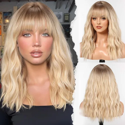 Vista 10 de HAIRCUBE Peluca larga con flequillo, pelucas sintéticas onduladas para mujer, color castaño rojizo