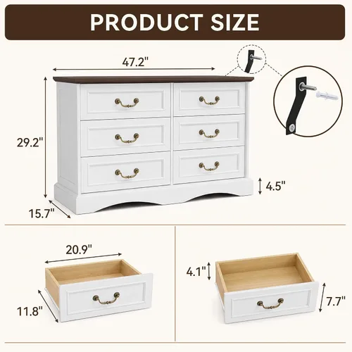 Vista 2 de YESHOMY Cómoda de granja con 6 cajones para dormitorio, cómoda de 47 Blanco y marrón