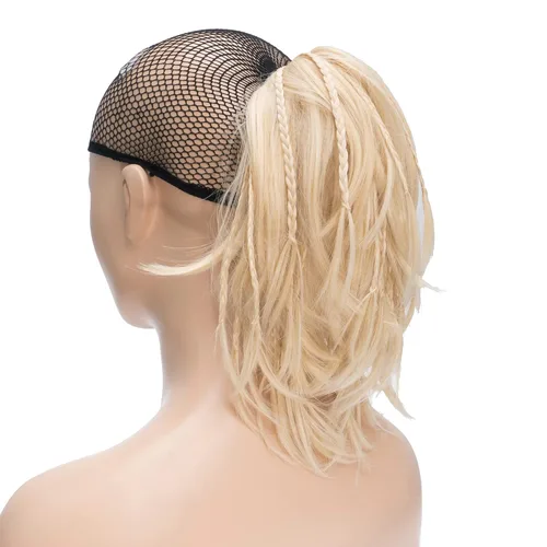 Vista 13 de IMISSU Extensiones de cabello hechas a mano con clip de cola de caballo trenzada, extensiones de cabello de cola de caballo (cobre ceniza)