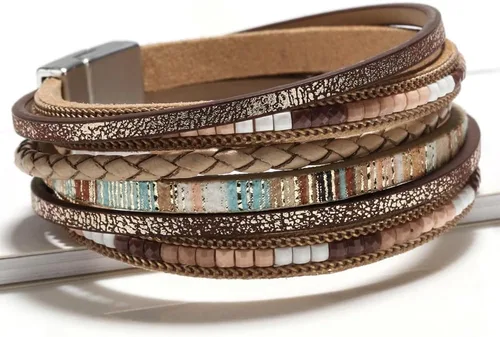 Vista 2 de Amoina Pulseras de cuero para mujer, estilo bohemio, leopardo, multicapa, cuentas de cristal, pulsera de joyería, Ágata