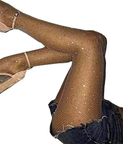 Vista 2 de Betteraim Medias de red con diamantes de imitación para mujer, medias de red brillantes para carnaval con purpurina