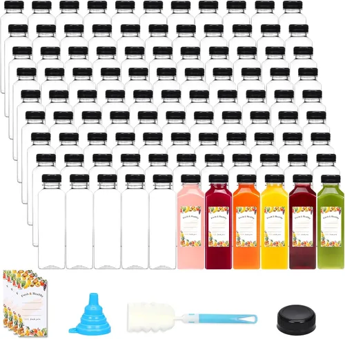 Vista 12 de Moretoes - 144 unidades de botellas de chupito de plástico de 4 onzas con tapas, botellas reutilizables para shots de jengibre, recipientes de jugo