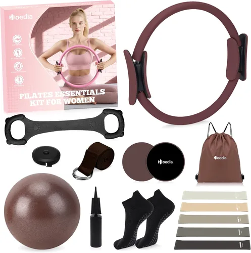 Vista 12 de Hoedia Kit de Pilates de 17 Piezas para Mujeres, Equipo de Pilates Anillo y Pelota Set con Bandas de Resistencia, Correa de Yoga, Deslizadores
