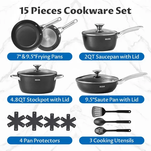 Vista 2 de BEZIA Juego de utensilios de cocina de inducción de 15 piezas, ollas y sartenes antiadherentes con revestimiento de cerámica, juego de ollas