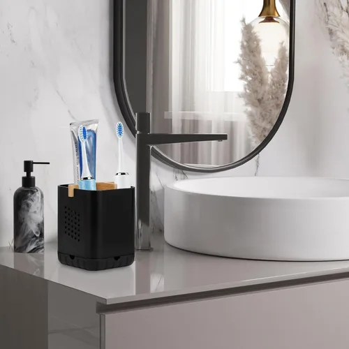 Vista 2 de Boperzi Portacepillos de dientes negros para baño, soporte eléctrico para cepillos de dientes con divisor de bambú, cepillo de dientes