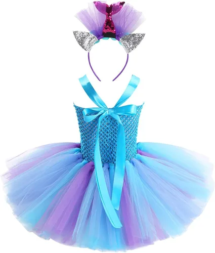 Vista 2 de Freebily Disfraz de princesa de sirena para cumpleaños cosplay fiesta disfraz de arcoíris de malla tutú vestido de aro para el pelo
