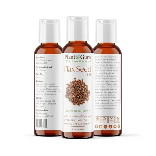 Vista 2 de Plant Guru Aceite de linaza de 2 onzas líquidas. Sin refinar prensado en frío, 100% puro, portador natural para piel, cara, hidratante corporal