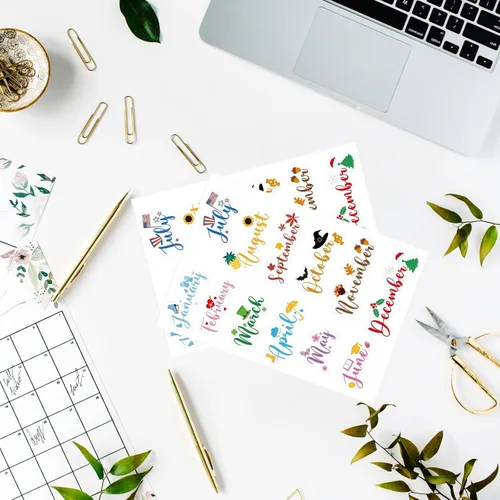 Vista 6 de Epakh 12 hojas de calcomanías para planificador mensual, calcomanías de diario con pinzas para codo, calcomanías creativas para calendarios
