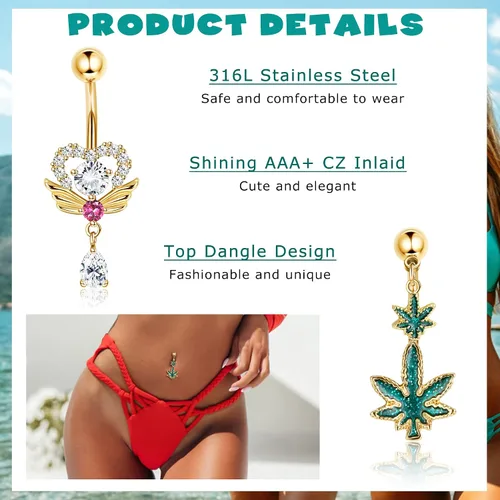 Vista 2 de Sanfenly 14G Belly Button Rings for Women 316L Surgical Steel belly rings Cute Dangle CZ Heart Flower Butterfly Evil Eye Leaf Dangling Navel Rings