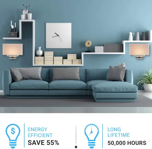 Vista 6 de LEDMyplace - Aplique de pared LED de 2 luces, apliques para sala de estar con puertos USB y tomacorriente, apliques de latón, base E26, acabado