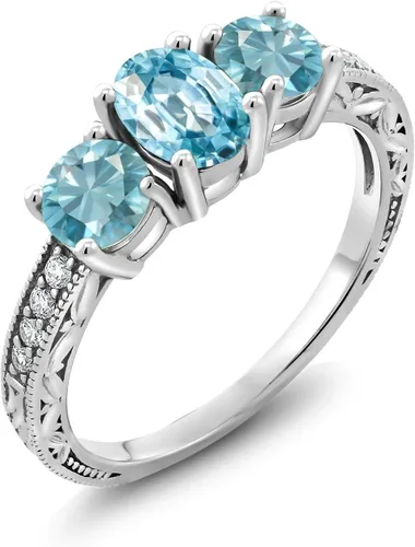 Vista 6 de Gem Stone King Anillo de compromiso de 3 piedras preciosas de oro blanco de 10 quilates con piedra natal y diamantes cultivados en laboratorio