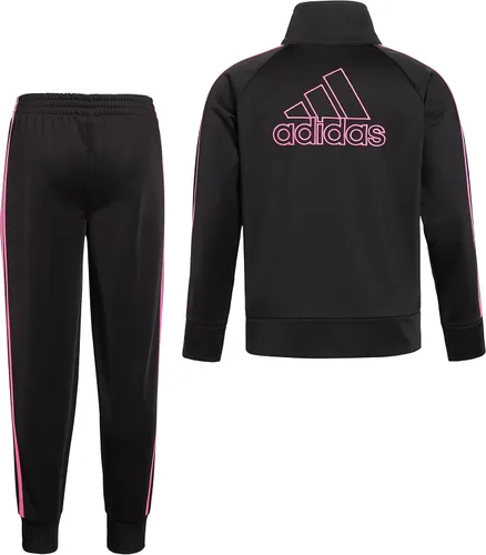 Vista 2 de adidas Conjunto clásico de chaqueta de tricot y pantalones deportivos con cremallera frontal para niñas, color negro con rosa, talla 6 Plus, Negro