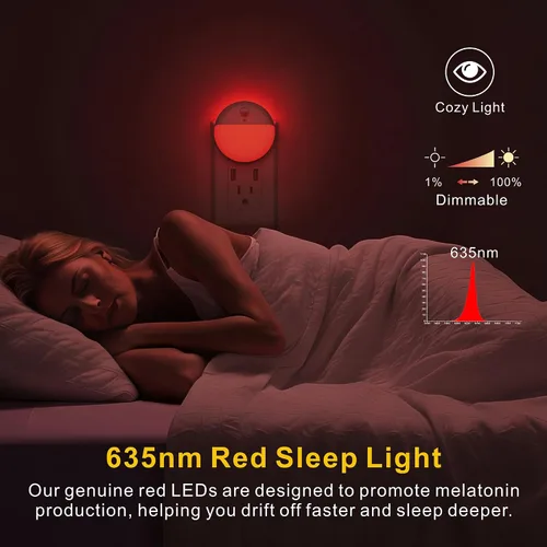 Vista 2 de YUNLEX Paquete de 2 luces nocturnas rojas enchufables con sensor de movimiento y sensor de atardecer a amanecer, 3 modos, brillo suave, 0% luz azul