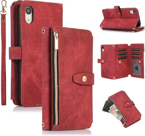 Vista 9 de UEEBAI Funda para iPhone XR, 9 ranuras para tarjetas, cartera de cuero retro, a prueba de golpes, con correa de mano, ranuras para tarjetas Negro