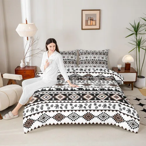 Vista 3 de Castle Fairy Juego de edredón con estampado azteca occidental, juego de ropa de cama geométrica a rayas marrones para niños y adolescentes