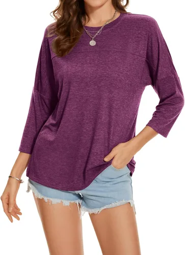 Vista 115 de ZENNILO Camisetas casuales de manga 3/4 para mujer, holgadas, cuello redondo, lindas camisetas básicas
