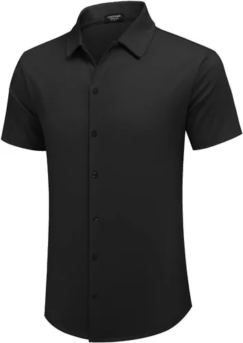 Vista 4 de COOFANDY Camisa casual con botones para hombre, manga corta, sin arrugas, camisa de verano