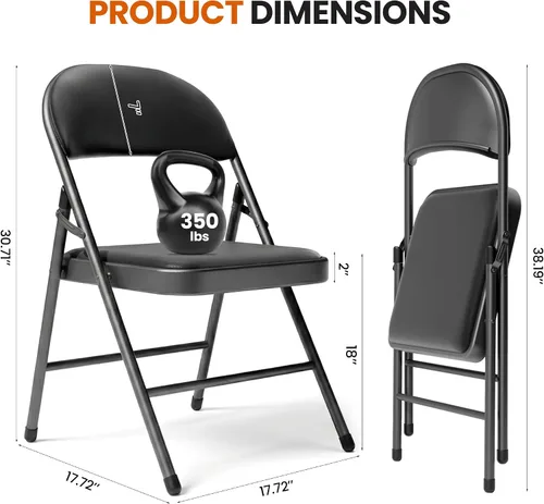 Vista 3 de Paquete de 4 sillas plegables negras, sillas plegables acolchadas con asiento y respaldo de piel sintética, sillas plegables de metal portátiles