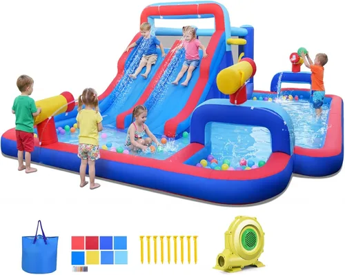 Vista 10 de BOUNTECH Tobogán acuático inflable, 7 en 1 doble tobogán para niños, parque acuático para niños, toboganes de agua inflables para exteriores
