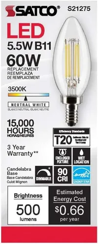 Vista 4 de Satco 6Pk 5.5w B11 LED 3500K Candelabro Base regulable - 60W equiv