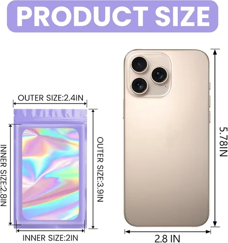 Vista 2 de Funfery 100 bolsas holográficas Mylar moradas, cremallera resellable y Morado