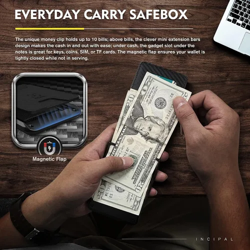 Vista 5 de INCIPAL Cartera minimalista de cuero para hombre, tarjetero de cuero de metal para tarjetas de crédito con clip para dinero, Fibra de carbono