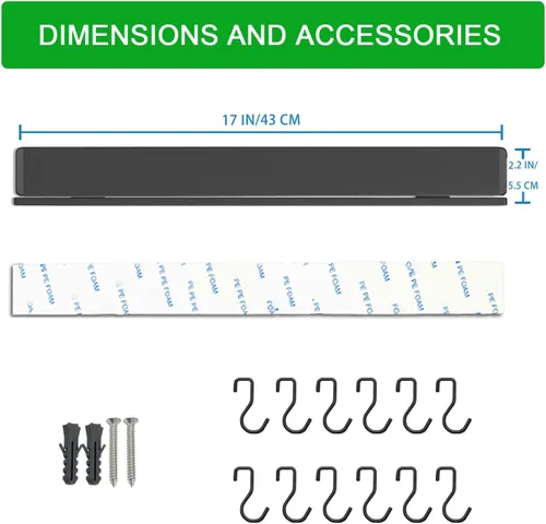 Vista 5 de YIIYIIN Soporte magnético para cuchillos de 17 pulgadas para pared, sin taladro, tira magnética adhesiva para cuchillos con 12 ganchos, varillas