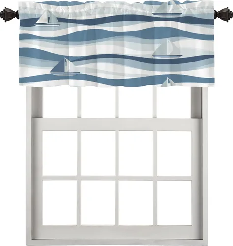 Vista 147 de Maritime Ocean Blackout Tier Curtains, Anchors Nautical Art Half Window Drapes for Kitchen with Rod Pocket,Room Darkening 2 Pack 26X24 Inches