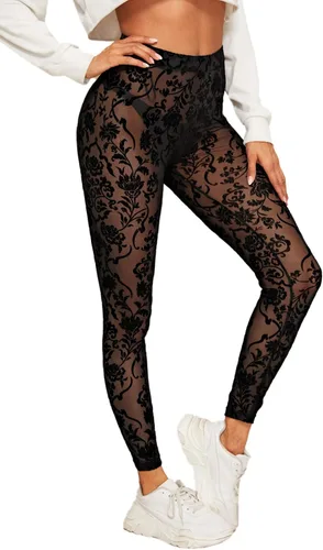 Vista 4 de SweatyRocks Leggings de malla transparente para mujer pantalones elásticos de cintura alta