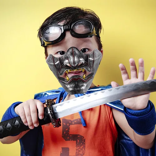 Vista 7 de Abaodam Oni - Máscara de demonio Hannya de media cara de samurái japonés