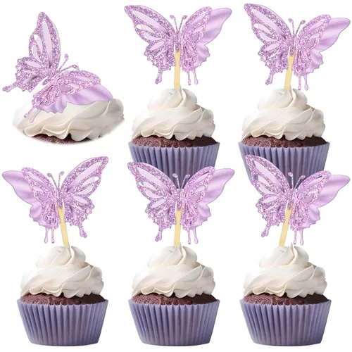 Vista 10 de Chinco 48 piezas de decoración de pastel de mariposa, decoración de cupcakes de doble capa ensamblada, decoración de pastel de 3D con purpurina