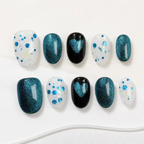 Vista 20 de Sun&Beam Nails Dije hecho a mano de almendra media larga con diseño de diamante de color nude, lindas puntas de uñas postizas, 10 unidades (#99 S)