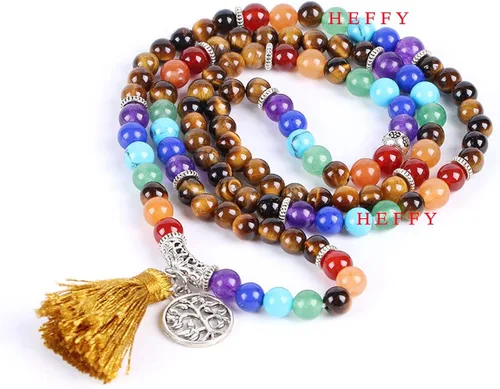 Vista 7 de Juego de 108 cuentas de Mala + pulsera de ojo de tigre de 0.315in, 7 chakras, árbol de la vida, yoga, meditación, piedras preciosas curativas reales