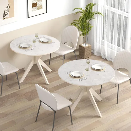 Vista 9 de Byroce - Mesa de comedor redonda de 36 pulgadas para 2-4, mesa de cocina de granja con parte superior de mármol y patas de madera maciza, mesa