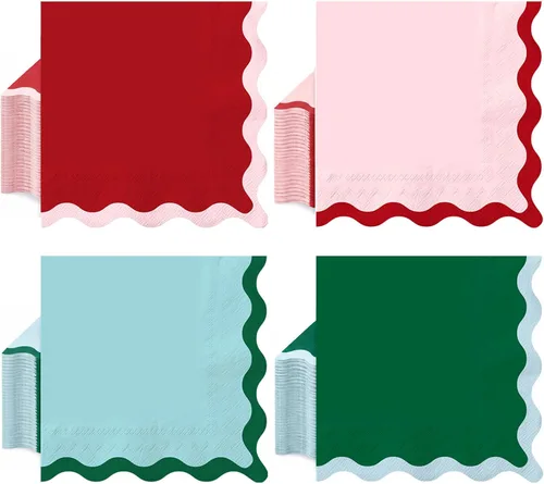 Vista 14 de Whaline 100 servilletas de papel festoneado azul, verde, rosa, amarillo, servilletas de almuerzo, desechables, decorativas, para postres, cenas
