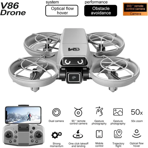 Vista 5 de Mini dron RC con cámaras, protector de hélice, FPV y altitud para niños de Gris-blanco
