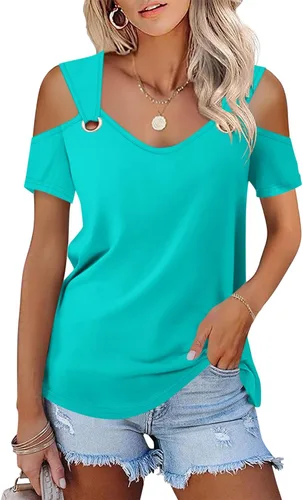 Vista 19 de Minetom - Camisetas básicas de verano para mujer, de manga corta, con hombros descubiertos y cuello en V