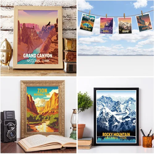 Vista 4 de Outus Juego de 9 pósteres de arte vintage del parque nacional, arte de la naturaleza y la montaña, juego de impresiones abstractas de viaje sin
