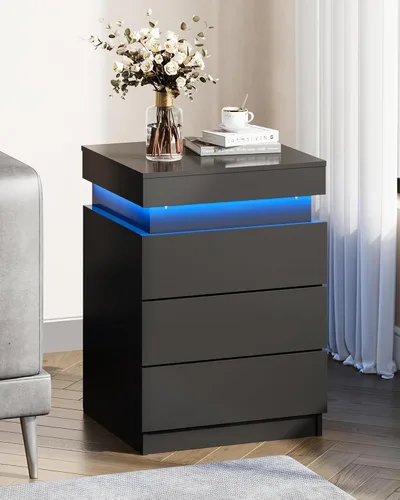 Vista 9 de WLIVE Mesita de noche con estación de carga y luces LED, moderna mesita de noche con 3 cajones y parte superior deslizante, mesa auxiliar con Negro