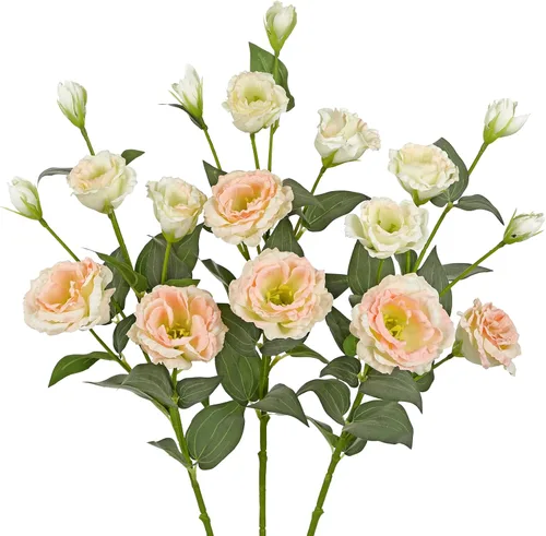 Vista 7 de Flores artificiales de seda de color blanco crema de 34.5 pulgadas, 3 piezas, flores de Eustoma Lisianthus con tallo largo, ramas de arreglo